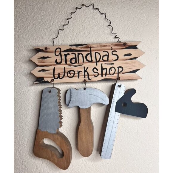 Grandpa's Workshop Wooden Hanging Rustic Sign With Tool Cutouts 16" x 12" Gift - Picture 1 of 6